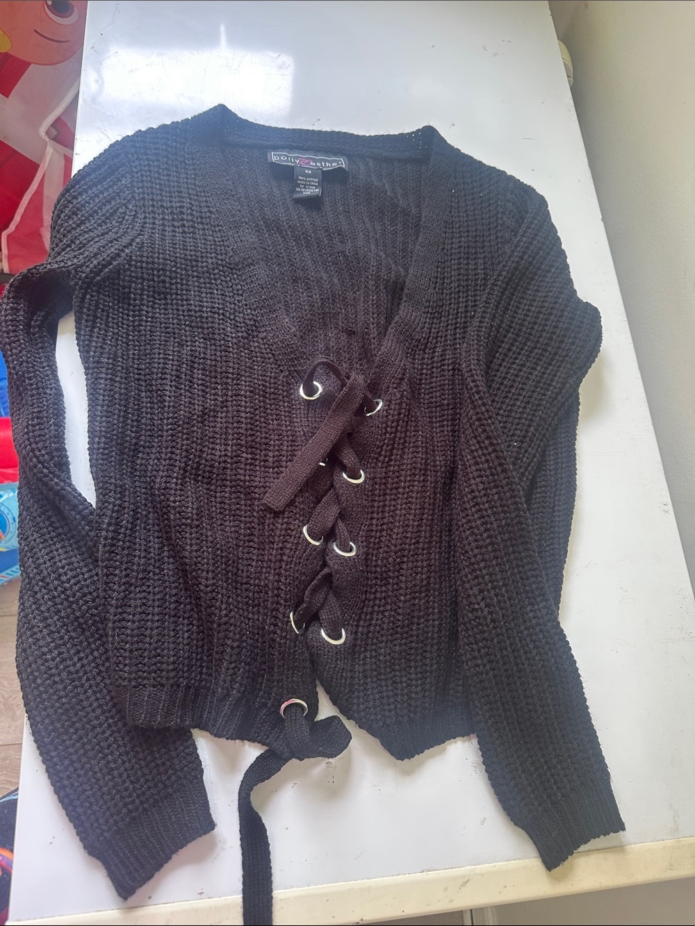 BONGO Black Lace-Up V-Neck Knit Sweater